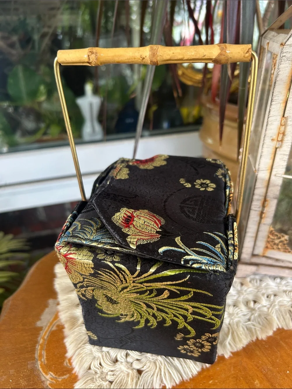 Vintage Chinese Takeout Bag w Bamboo & Brass Handle